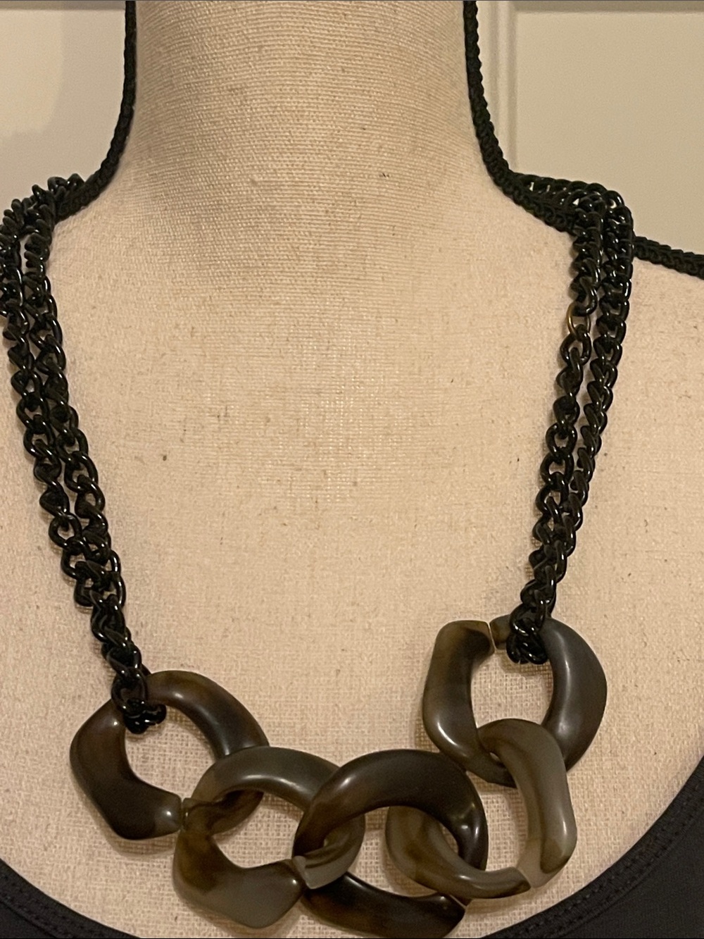 Black Chain Necklace with Olive-Tone Resin Links